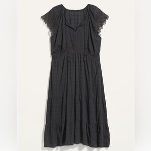 Old Navy Waist-Defined Crochet-Sleeve Tie-Neck Midi Dress Size L Tall Charcoal